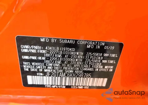 2019 Subaru Crosstrek Limited z USA, uszkodzony, nr VIN JF2GTAMC6KH298785